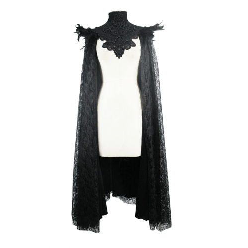 Gothic Cape with Feather Shoulder / Female Long Black Cloak with Lace Decoration