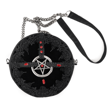 Women's Black Round Bag With Guipure Inserts - Luxurious Gothic Accessory.