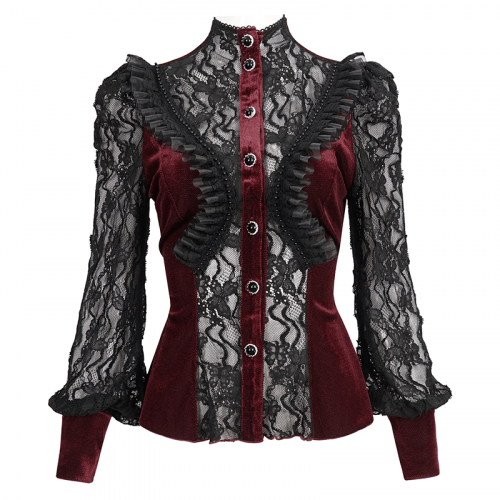 Chemise gothique à manches longues bouffantes en dentelle / chemisier élégant en velours rouge vin avec col montant pour femmes