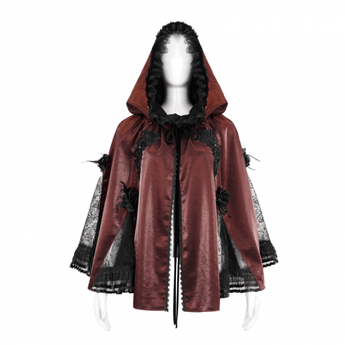 Gothic Lace Trim Cape with Flowers and Feather / Women's Wine Red Short Cape with Hood