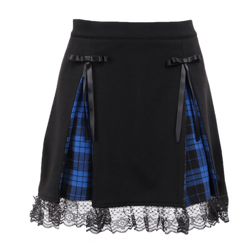 Gothic Lace Trim Mini Skirts / Punk High Waist Plaid Skirts / Female Fashion Clothes