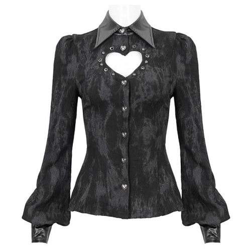 Gothic Long Sleeves Lace-Up Back Blouse for Women / Punk Black Shirt with Heart-Shaped Cutout