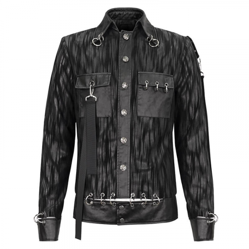 Gothic Herren Kurzjacke mit Metallösen und Ringen / Stylische schwarz gestreifte Jacken mit Taschen