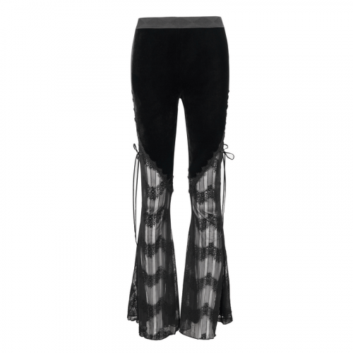 Gothic Mesh Flared Trousers / Women's Lace Splice Pants with sides tie / Alternative Fashion