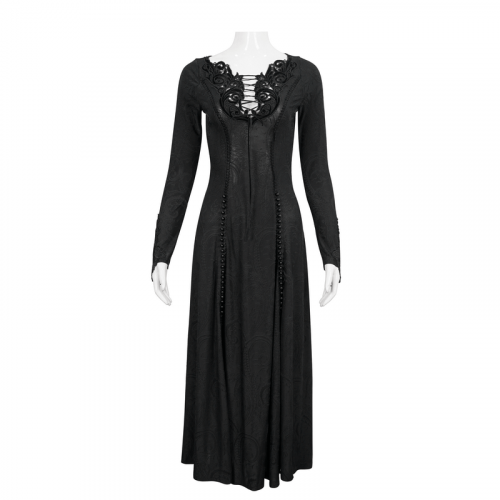 Gothic Plunging Floral Embroidered Dress / Fashion Black Women's Long Slit Dress