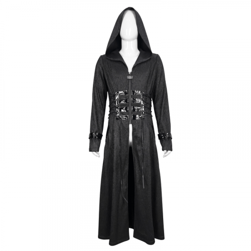 Manteau long à capuche gothique punk rivet pour hommes / manteaux noirs à fermeture éclair avec accents de lacets à la taille