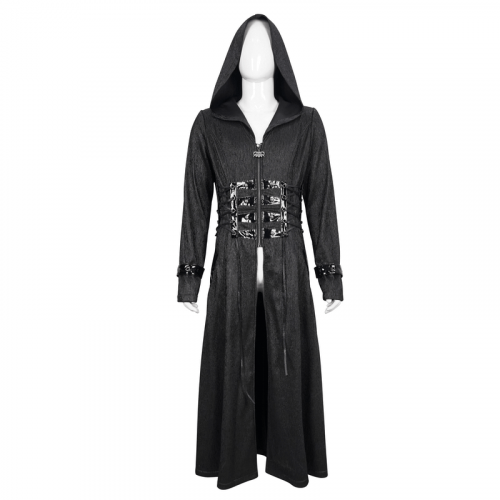 Gothic Punk Rivet Hooded Long Coat For Men / Zipper Black Coats with Lace-up Accents on Waist