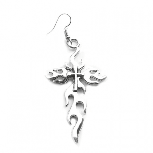 Gothic Silberfarbenes Metall Flaming Cross / Grunge Mode Lange Ohrringe für Frauen