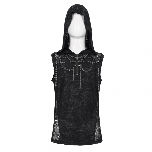 Gothic Skull Mesh Chain Tank Top with Hood / Male Punk Sleeveless T-Shirt for Men