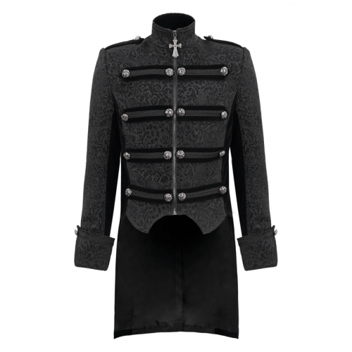 Gothic Stand Collar Patterned Tailcoat / Retro Buttons Black Coat for Men with Cross Pendant Zipper