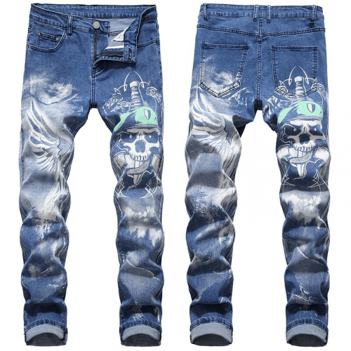 Jeans imprimés 3D colorés droits gothiques/pantalons en denim bleu adoucisseur pour hommes