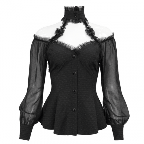 Gothic Strappy Off Shoulder Neckholder Shirt / Elegante schwarze Damenhemden mit Schnürung auf der Rückseite