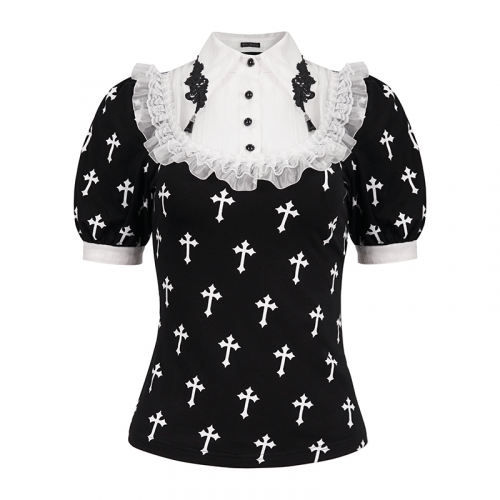 Kurzärmlige Bluse im Gothic-Stil mit weißem Kreuzmuster / Alternative Mode für Damen