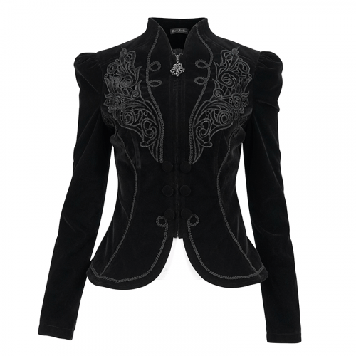Veste noire gothique en velours zippé pour femmes / veste vintage avec applique en dentelle et boutons décoratifs