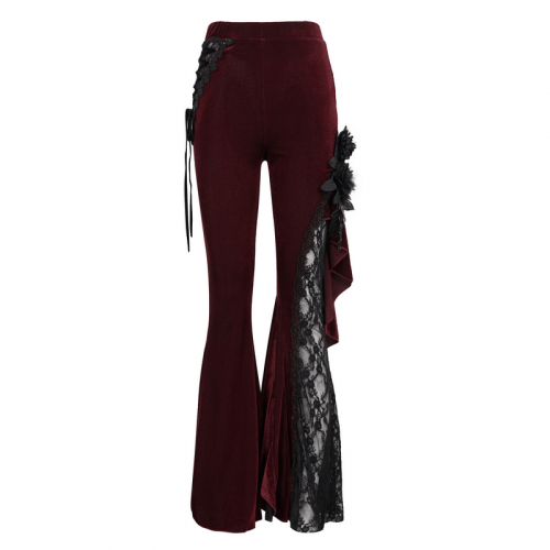 Pantalon évasé gothique en dentelle rouge vin / Pantalon sexy pour femmes avec accents à lacets sur le côté