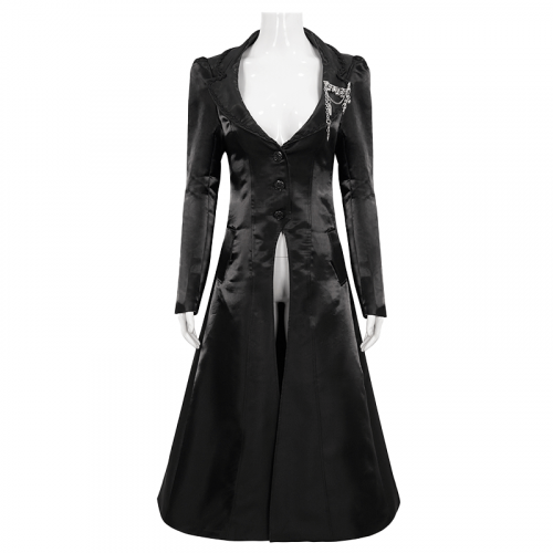 Gothic-Damen-Umlegekragen-Langmantel mit Totenkopf-Brustnadel / weiblicher schwarzer Mantel mit Knöpfen