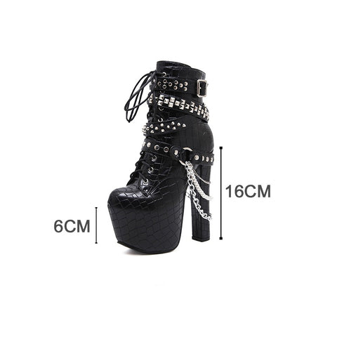 Women's Ankle Boots Platform And High Heels With Chains And Studs.