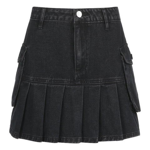 High-Waisted Pleated Denim Skirt - Gothic Style.