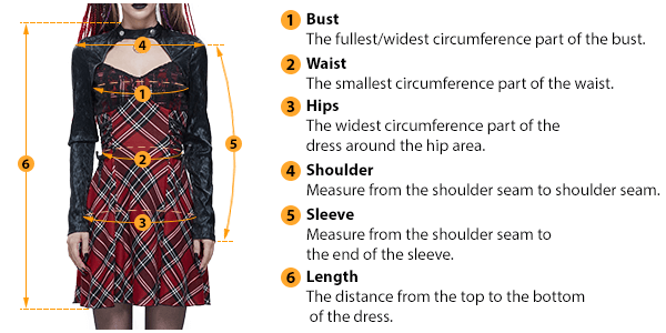 This picture shows how to measure Dress size by HARD'N'HEAVY.