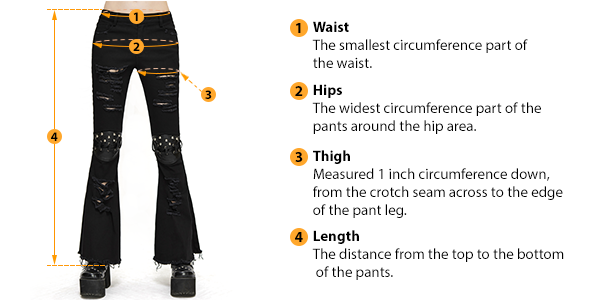 This picture shows how to measure Female Pants size by HARD'N'HEAVY.