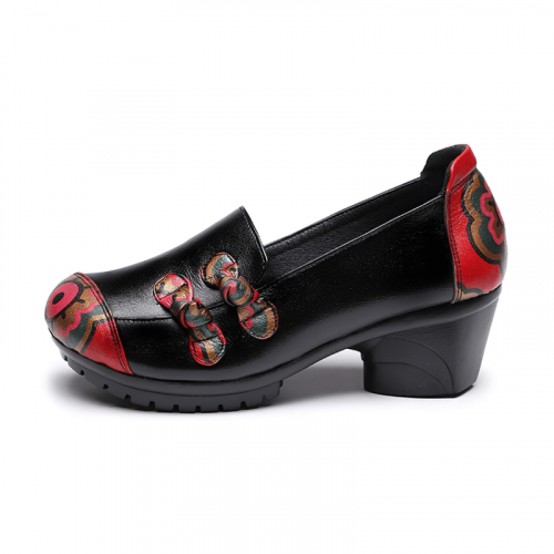 Damen-Schuhe aus echtem Leder mit mittlerem Absatz / stilvolle Loafer mit runder Zehenpartie und Schleife