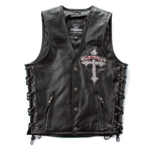Men's Leather Biker Vest with Rock Cross
