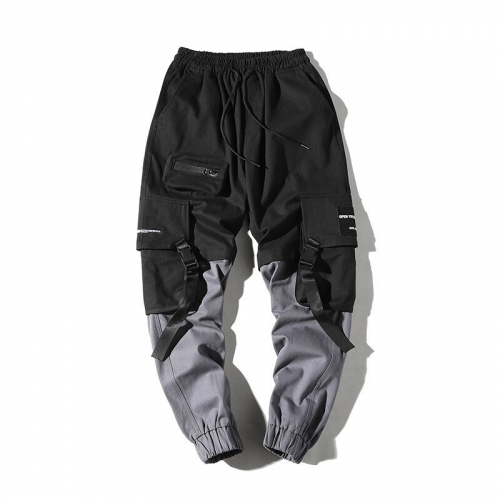 Male Black Elastic Waist Spliced Joggers / Casual Pockets Cargo Pants / Fashion Men's Clothing