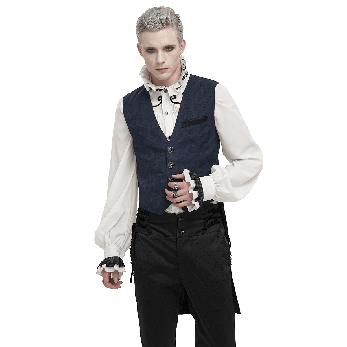 Male Blue and Black Gothic Tailed Waistcoat / Elegant Men's Waistcoats with Engraved Buckle on Back