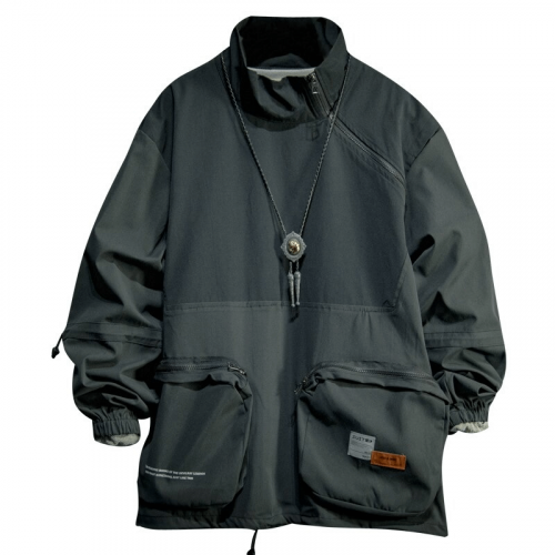 Male Patchwork Stand Collar Jackets with Multi-Pocket / Zipper Loose Outdoor Clothes