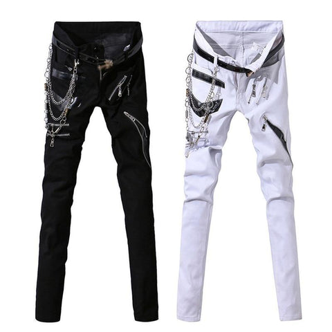 Men's Jeans With Chain Patchwork - Punk Style.