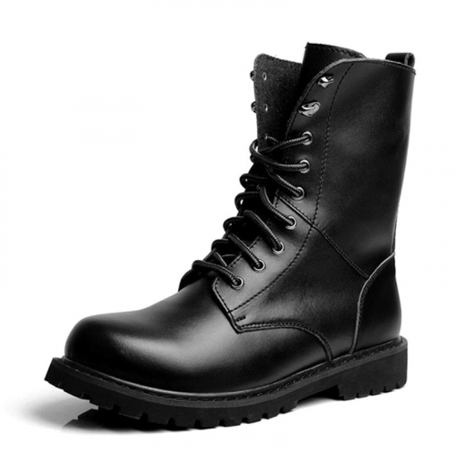 Bottes de combat noires pour hommes / Bottes de moto mi-mollet à lacets / Chaussures tactiques en cuir