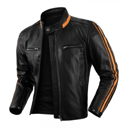 Veste en cuir véritable noir pour hommes / Vestes à col montant de style moto