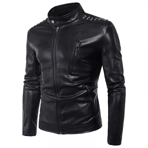 Veste en cuir PU à fermeture éclair noire pour hommes avec Rivets/vestes à col montant pour motard de moto