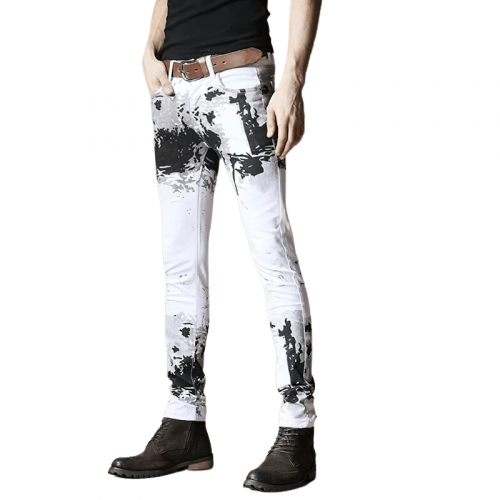 Men's Contrast Color Zipper Casual Trousers / Male Printed Skinny White Jeans