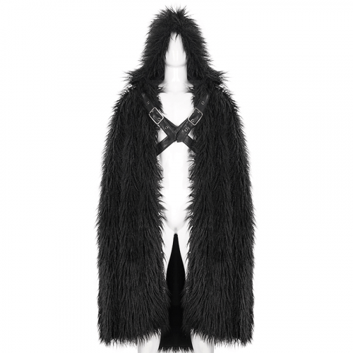 Men's Gothic Long Cloak with Hooded / Dark Male Warm Faux Fur Buckle Coat