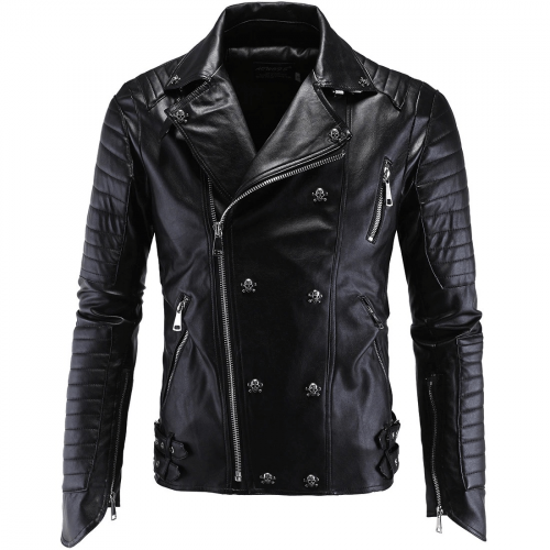 Men's Punk Leather Jacket with Skull Rivets / Fashion Zipper Motor Jackets