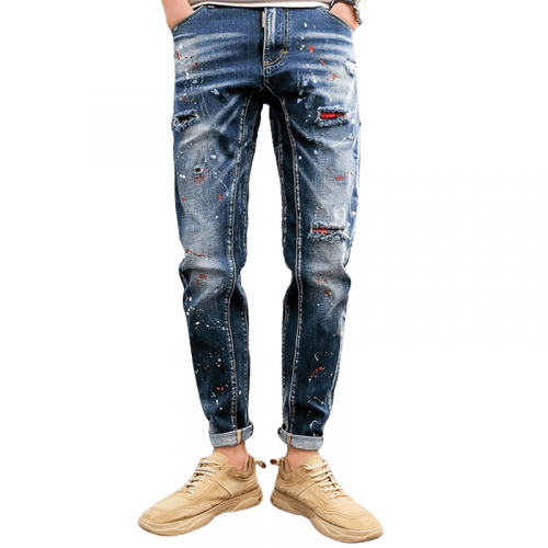 Pantalon en denim à glissière élégant pour hommes / Jeans déchirés de style alternatif / Vêtements masculins confortables