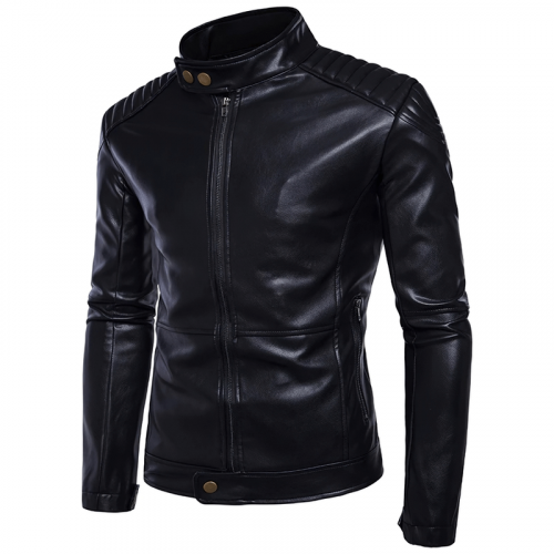 Vestes de col montant de motard de moto pour hommes / vestes en cuir PU souples à glissière noire