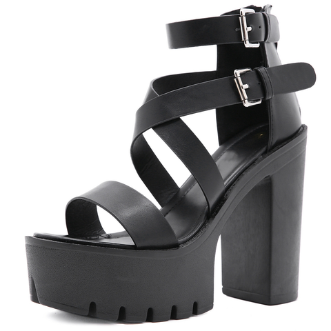 WOMEN'S BLACK PU LEATHER SANDALS - GOTHIC TRENDY SHOES.