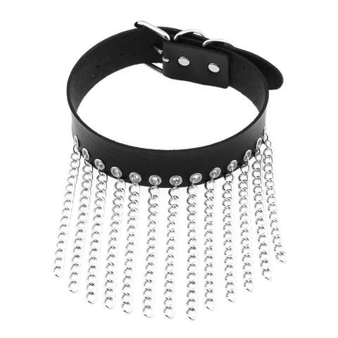 Punk Black Leather Choker With Chains / Goth Collar For Girl
