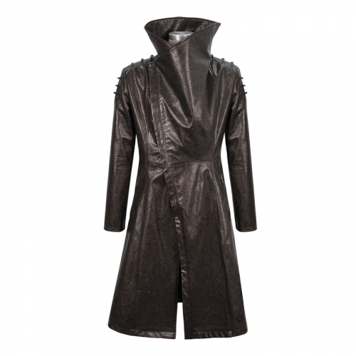 Punk Faux Leahter Long Coats for Men / Stand Collar Male Coat with Zipper design on Cuffs