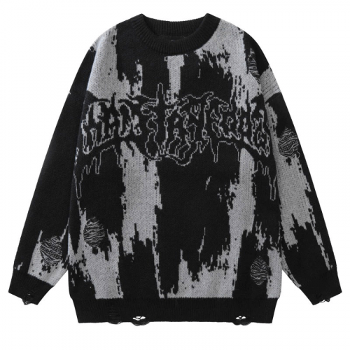 Punk Gothic Ripped Strickpullover / Grunge Fashion O-Neck Letter Print Pullover