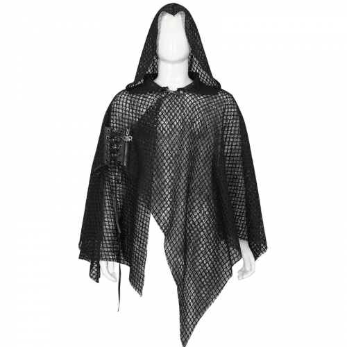 Punk Irregular Mesh Cloak with Hood / Gothic Black Loose Male Clothing