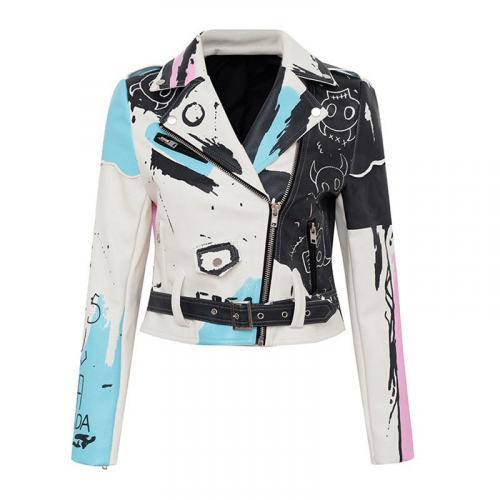 Punkrock-PU-Lederjacke für Damen / kurze, schmale Jacken mit Graffiti-Print