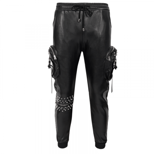 Punkrock-PU-Lederhose mit dreidimensionalen Taschen / modische Nieten-Hose mit elastischer Taille