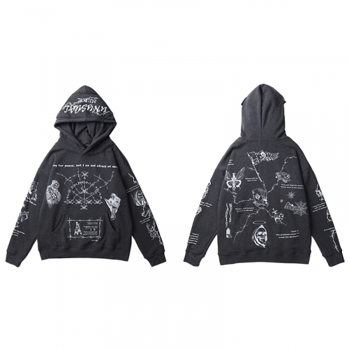 Punk Skull Graffiti Print Hoodie / Sweat à capuche élégant en coton bicolore surdimensionné