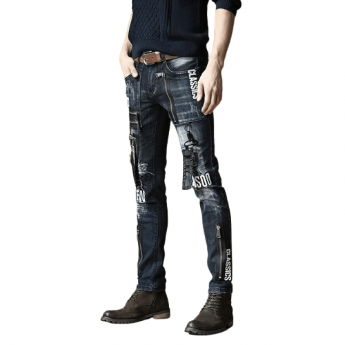 Jeanshose mit Reißverschluss im Punk-Stil / lässige Jeans mit Buchstabendruck für Männer / Motorradbekleidung