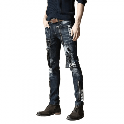 Punk Style Zipper Fly Denim Trousers / Casual Male Letter Print Jeans / Motorcycle Clothing