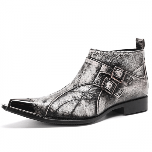 Bottes grises rétro pour hommes avec doubles boucles / chaussures en cuir à bout en métal à la mode
