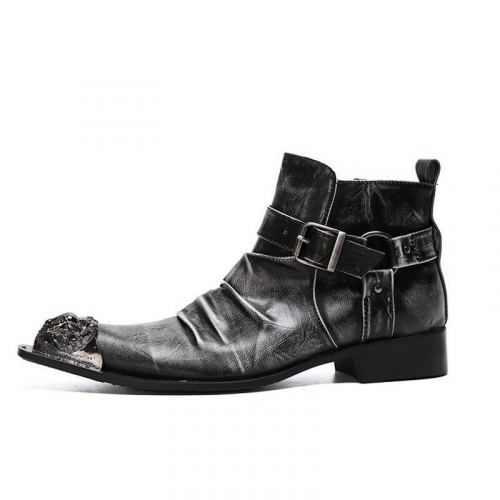Retro-Herren-Stiefel mit Reißverschluss und Schnallenriemen / Stiefeletten aus echtem Leder mit Metallkappe im Rock-Stil